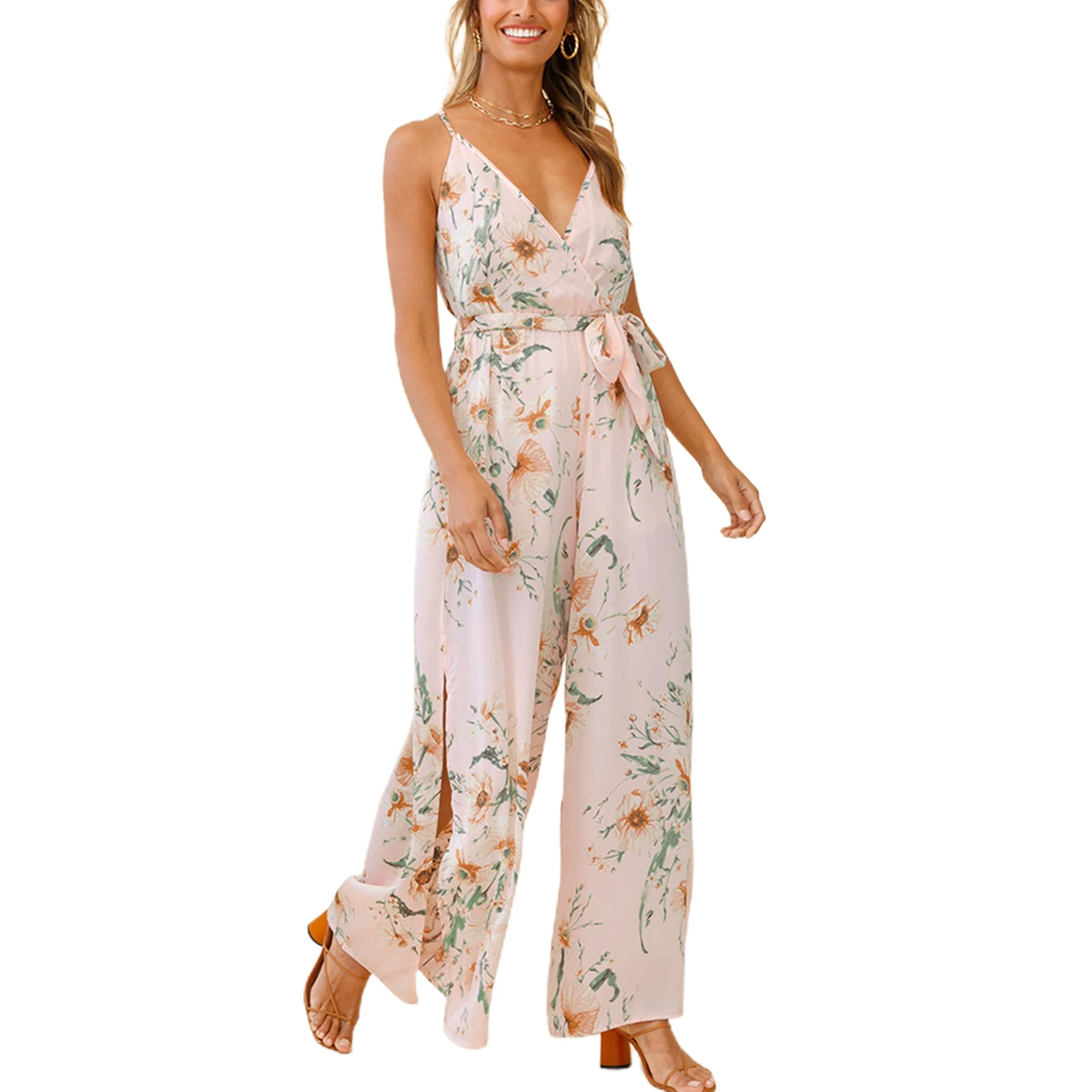 

Women Summer Siamese Trousers Floral Print Spaghetti Straps V-Neck Jumpsuit with Slits for Girls 3 Colors