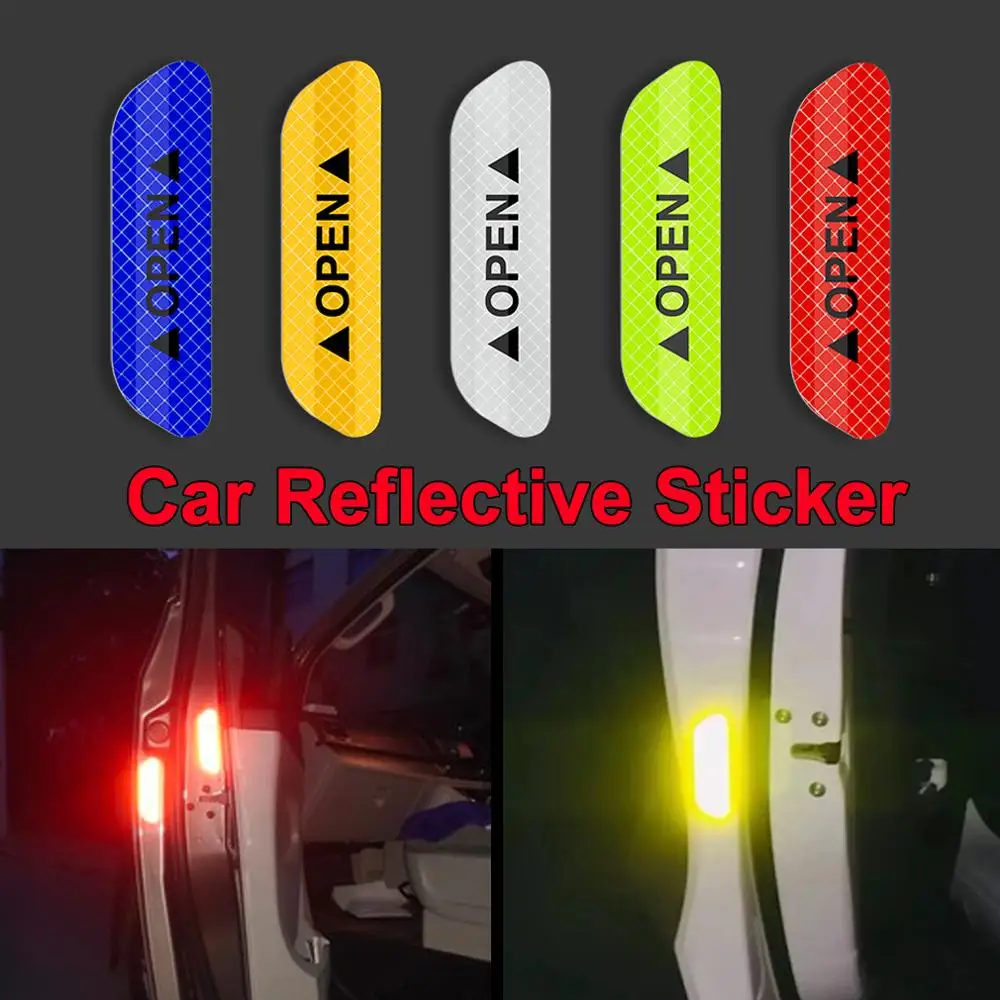 4Pcs Car Door Stickers Universal Safety Warning Mark OPEN High Reflective Tape Door Stickers Auto Driving Exterior Accessories