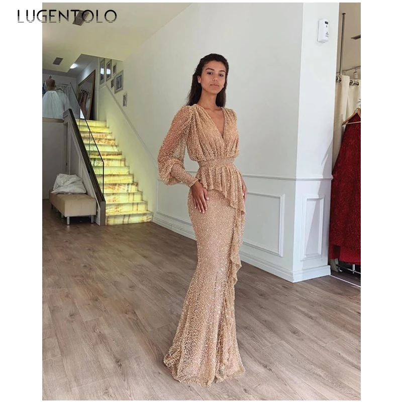 

Sexy Dress Women Deep V-neck Slim Dresses Fashion Ladies Elegant Solid Long Sleeve Spring Dinner Maxi Dress Lugentolo