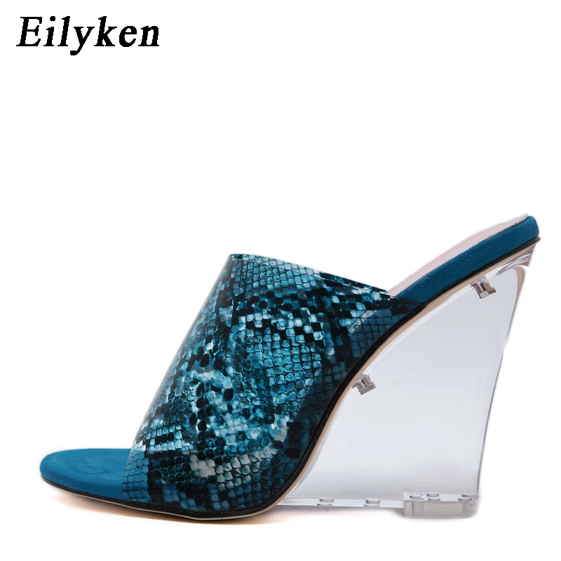 Blue Eilyken/пикантные босоножки из змеиной кожи на высоком прозрачном каблуке; шлепанцы на танкетке с прозрачным каблуком; Размеры 35-40 - Цвет: Blue