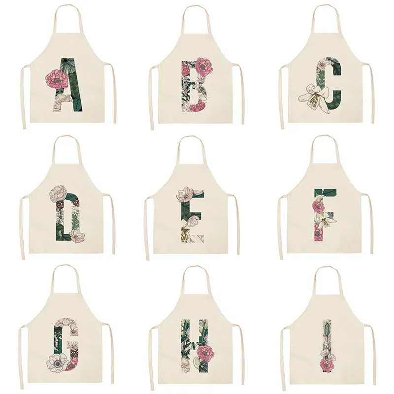 

Letter Flower Kitchen Aprons for Women Cotton Linen Bibs Household Cleaning Green Pinafore Home Cooking Apron