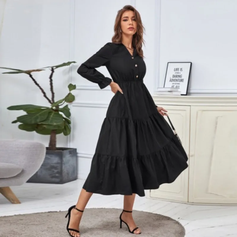 

ZOGAA Dress Women Autumn Winter New Solid V-neck Slimming Long Skirt Elegant Female Daily Ruffles Hot Sale Chic Lady Trendy Girl
