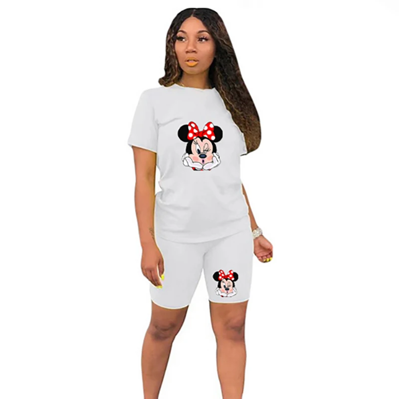 

Disney 2 Piece Set Women Tracksuit Minnie Mouse Cartoon Print O Neck Summer Short Sleeve Top Short Pants Sports Streetwear 2021