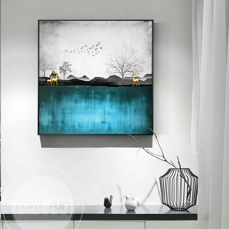 Абстрактная Картина на холсте с изображением оленя и леса в облаках пейзаж