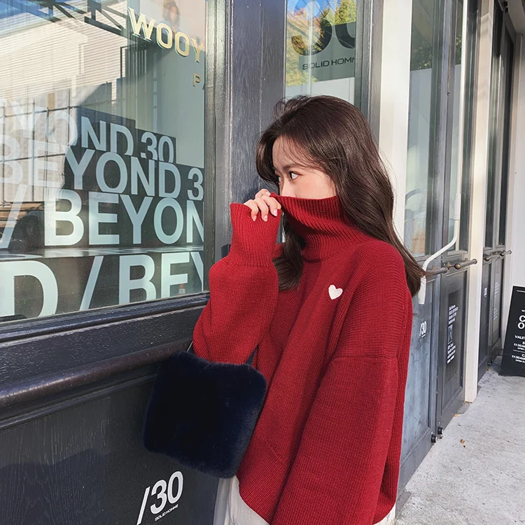 

Cute Turtleneck Sweater Women Love Heart Print Sweet Girl Knitted Top Autumn Winter Pullover Loose Long-Sleeved Sweaters