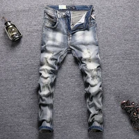 newly street style fashion men jeans retro distressed elastic slim fit ripped jeans men embroidery designer hip hop denim pants