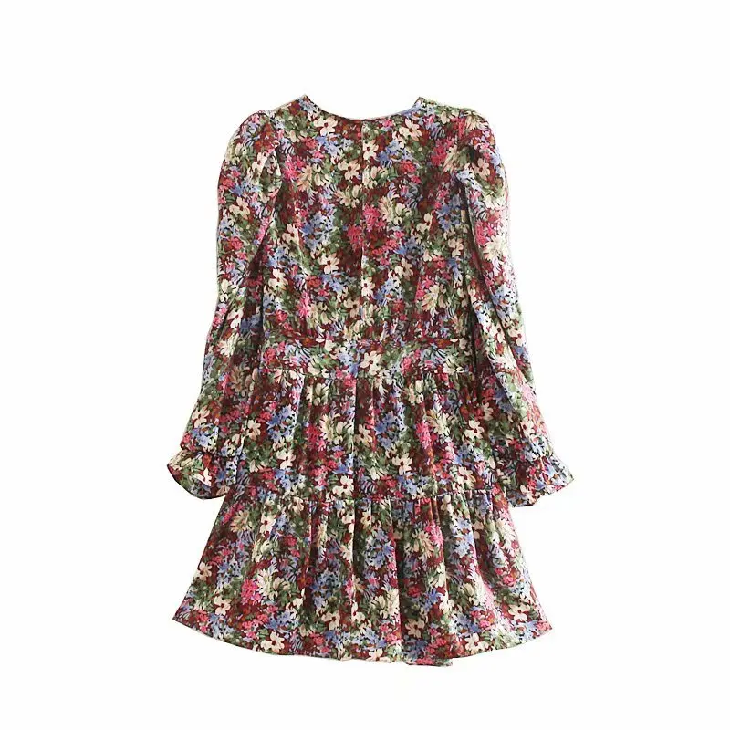 Fashion Women Prairie Chic Multicolor Floral Print Dress Long Sleeve O Neck A-line Mini Dress Autumn vestido OZZ9369　