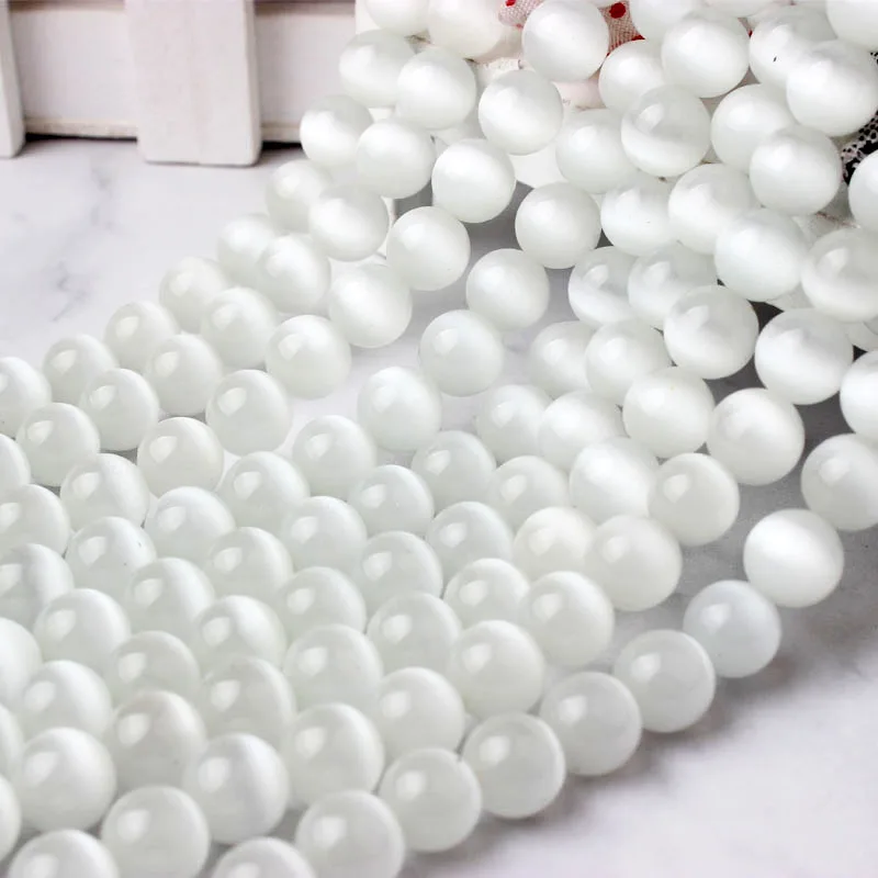 6/8/10/12mm Natural White Glassy Cat Eye Stone Loose Beads Suitable For Jewelry DIY Making Bracelet Necklace Earrings Amulet