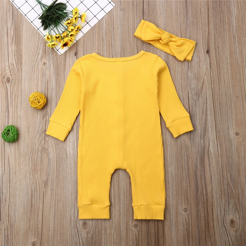 

Knitted Cotton Rompers Headband Newborn Baby Boy Girl Clothes Autumn Long Sleeve Romper Solid Jumpsuit Kid 2PCS Outfit 0-18M New