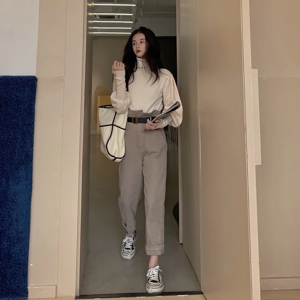 

2021 New Women Overalls Harem High Waist Straight Pant Khaki Black Korean Loose Casual Trousers Chic Slim Streetwear Cargo Pants