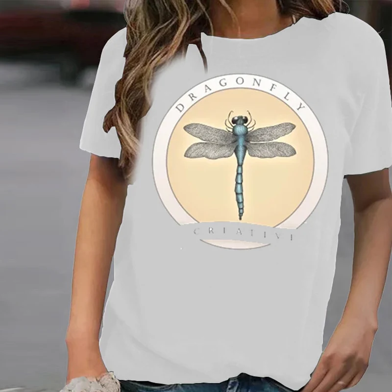 

2021 Fashion Dragonfly Print Blouses Shirts Summer Women Casual Basic Top Shirt Vintage O Neck Short Sleeve Blusa Streetwear 3XL