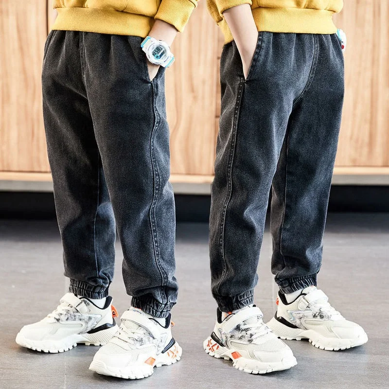 

Джинсы для мальчиков, Детские весенне-осенние короткие брюки в Корейском стиле с завязкой на лодыжке, зимние бархатные плотные теплые брюки...