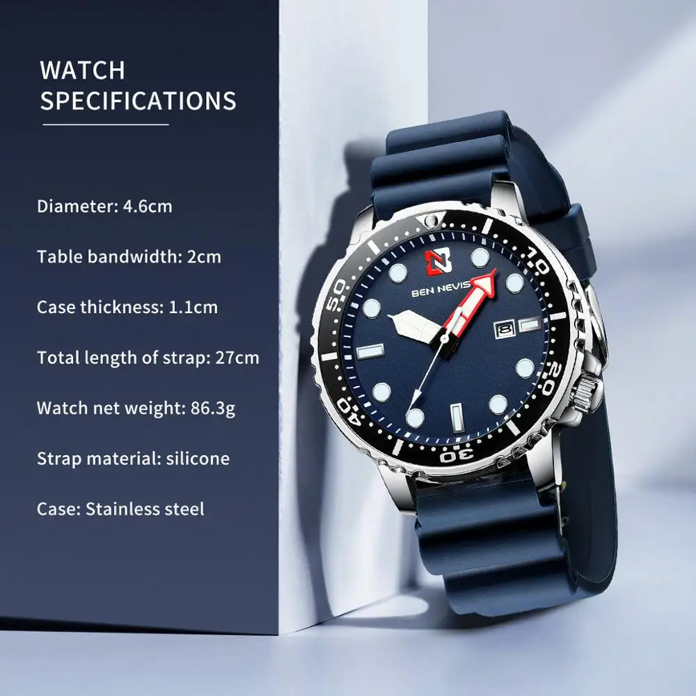 Мужские спортивные водонепроницаемые кварцевые часы с индикацией даты и