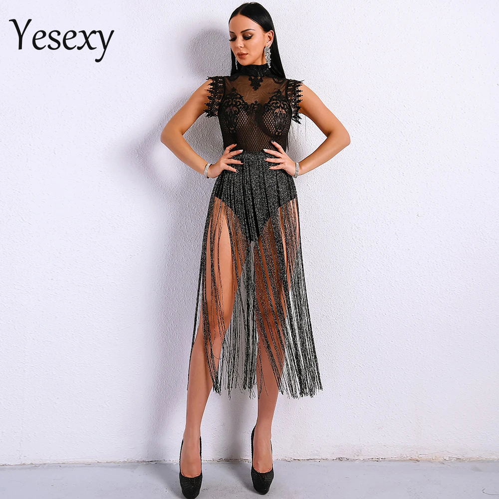 

Yesexy 2021 Sexy Women Tassel Bodysuit Playsuits Women Overalls High Neck Sleeveless Lace See Through Glitter Bodysuit VR8901-1