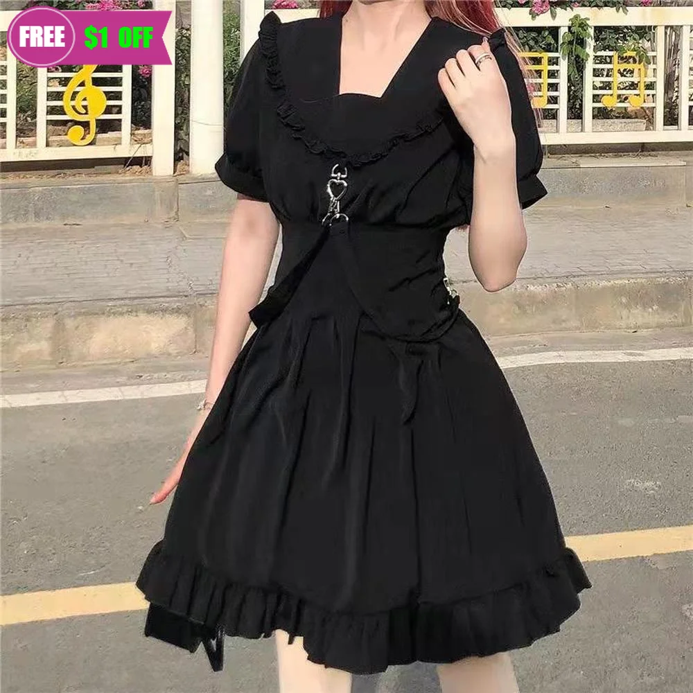 

Japanese Harajuku Women Black Ruffles Dress Gothic Punk Style Bandage Sashes Cosplay Costume Cute Kawaii Mini Lolita Party Dress