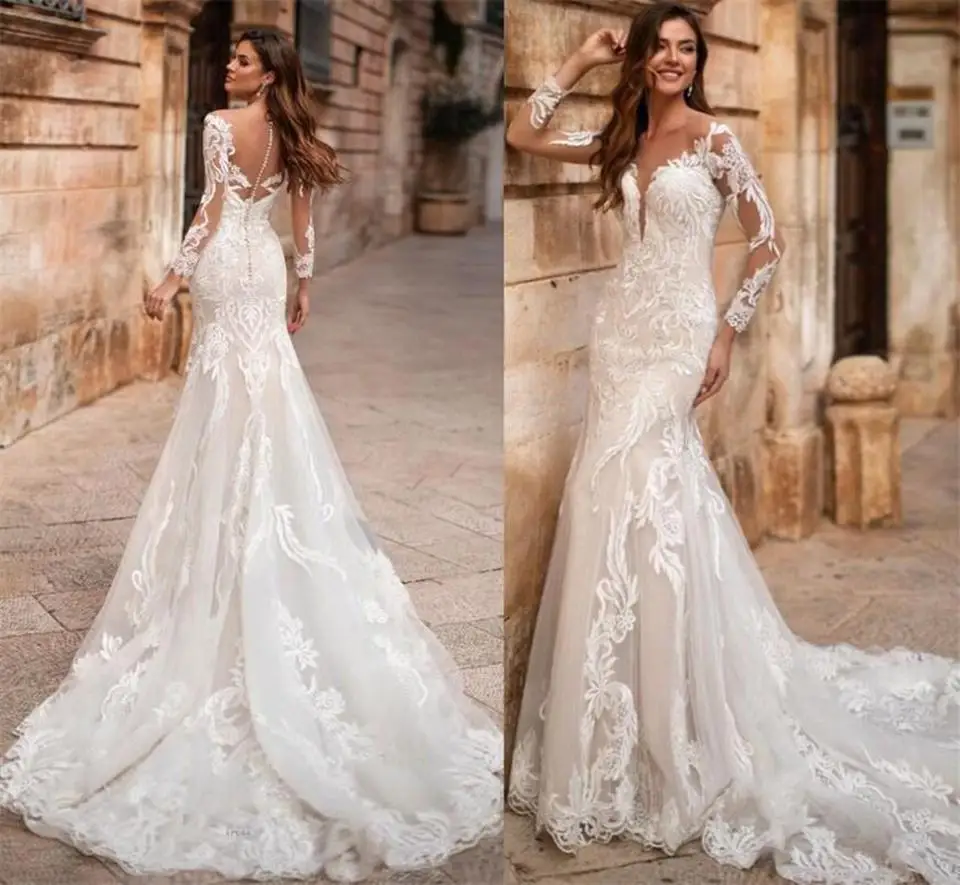 Женское свадебное платье с юбкой годе винтажное кружевное со шлейфом и длинными