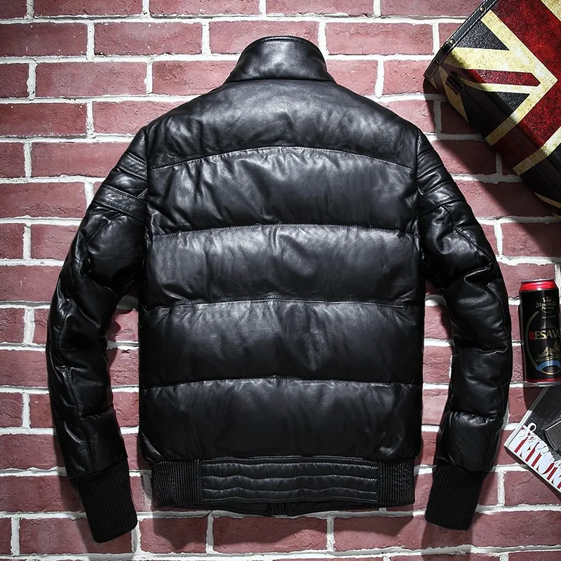 

Fashion Men Genuine Leather Down Jacket High Quality Stand Collar Sheepskin Short Down Coat Winter Warm Outerwear Plus Size 5XL