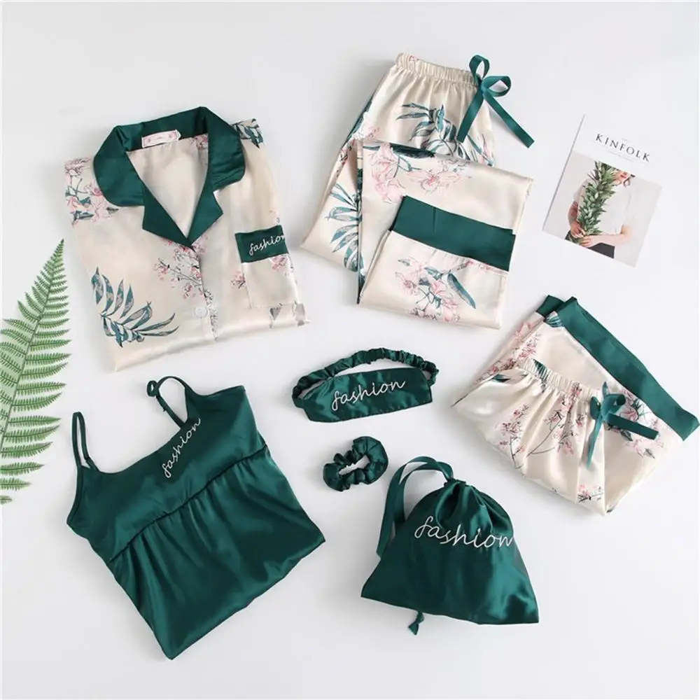 

7PC Women Sleepwear Set Nightwear Set Sexy Cute Silk Camisole Print Bow Shorts Pant Pajamas Sleepwear Set Nuisette #2J16