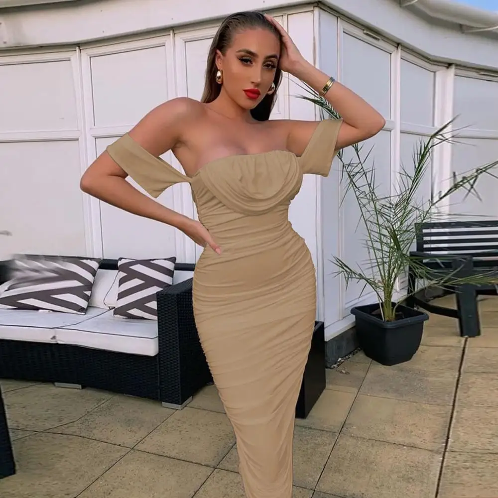 2020 Fashion Club Dresses Sexy Off Shoulder Ruched Bodycon Midi Dress Double Layered Mesh Draped Party Night Outfits Women | Женская