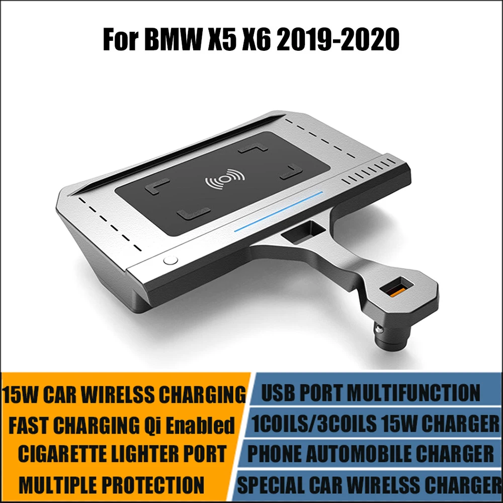 Qi Car Wireless Charging 15W For BMW X5 X6 G06 2019 2020 USB Socket Charger Mobile Phone Charging Plate Modification Accessories