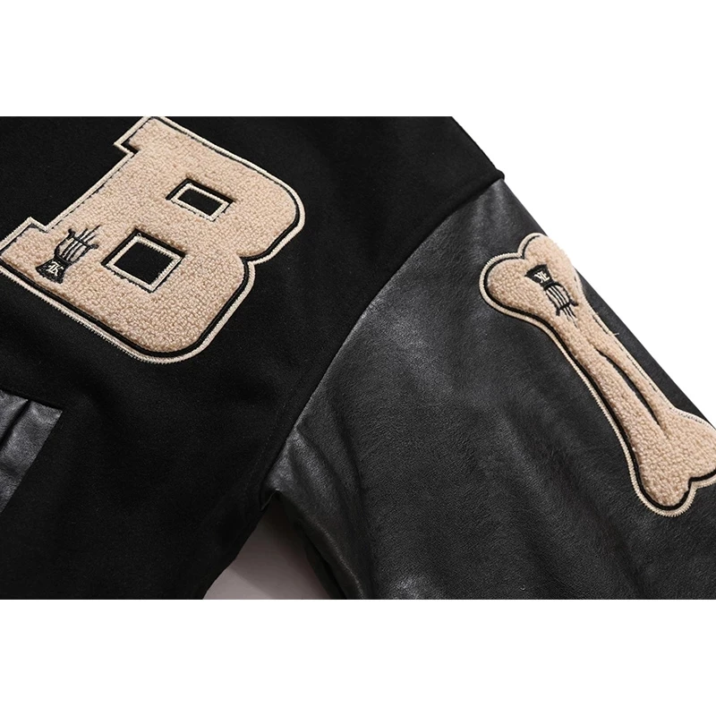 

Plush coat bone letter baseball jacket color spliced short jacket 3 color optional Harajuku collegiate style men's baseball jack