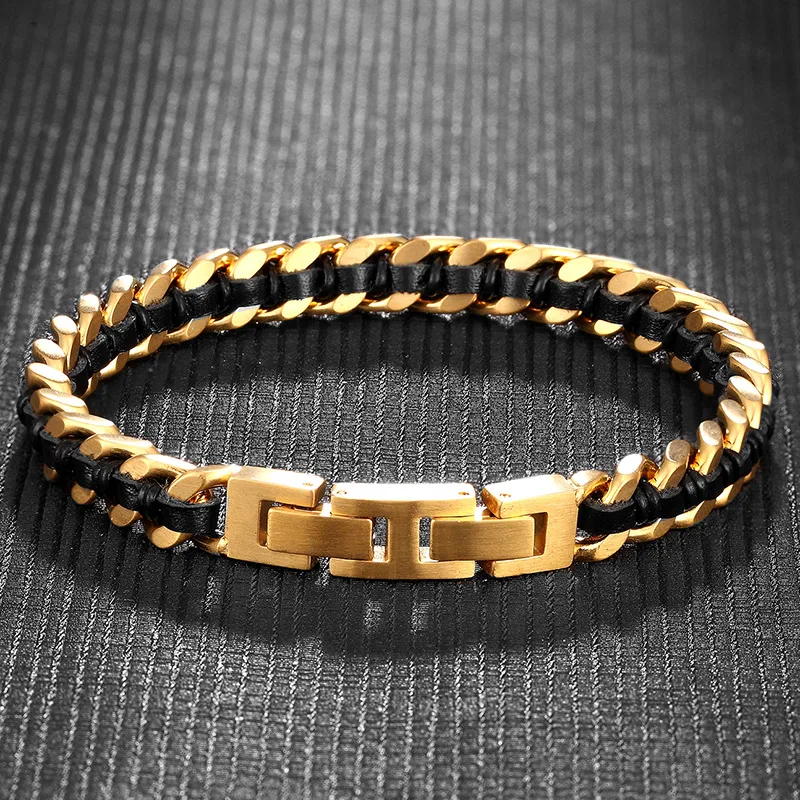 

MKENDN locomotive Men Stainless Steel Cuban Link Chain With Leather Bracelet Punk Rock Biker Wristband Fashion Accessories Gifts