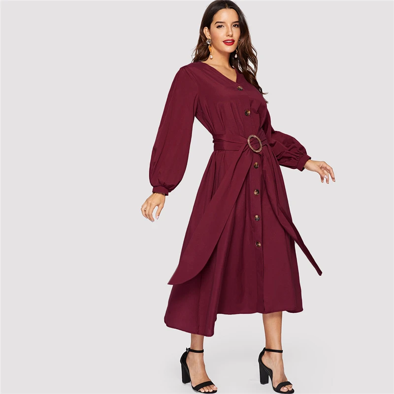 SHEIN Платье На Пуговицах С Поясом Элегантное Платье С V-Образным Вырезом Для Женщин