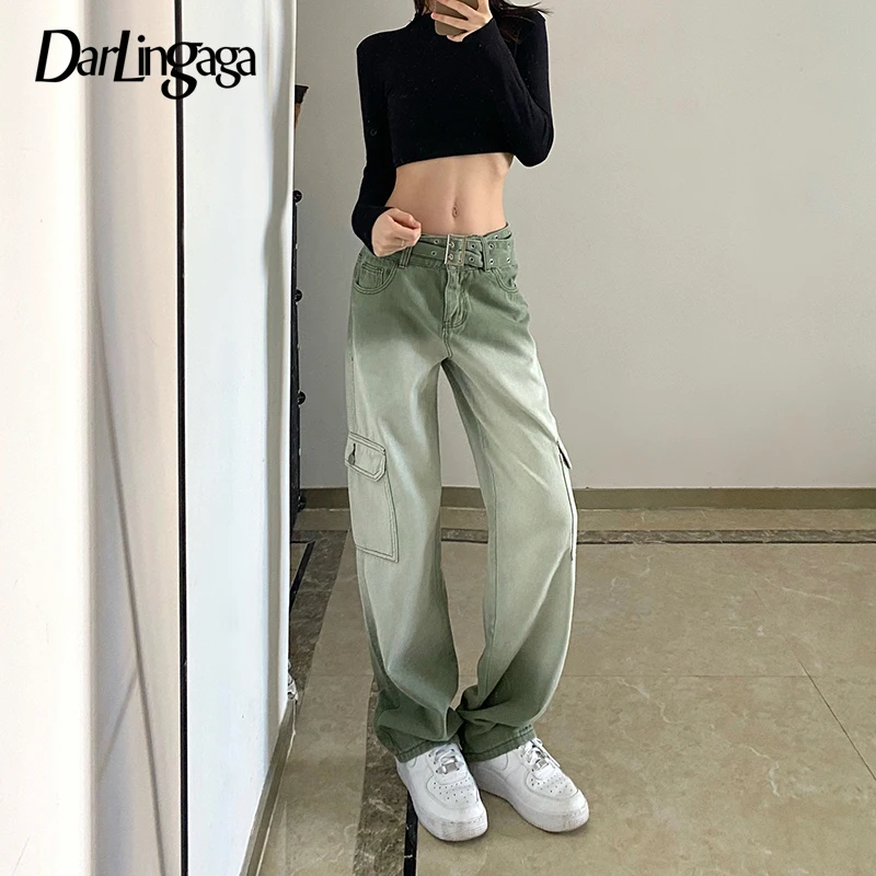 

Брюки-карго Darlingaga женские с высокой талией, уличная одежда, зеленые джинсы с прямыми карманами, модные спортивные брюки из денима в Корейско...