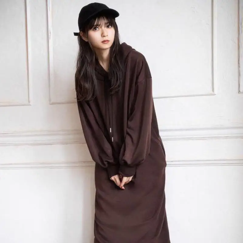 

2021 Korean Winter Simple Solid Plus Velvet Thick Hooded Sweater Dress Casual Loose Thin Elegant Women Long Skirt Free Shipping