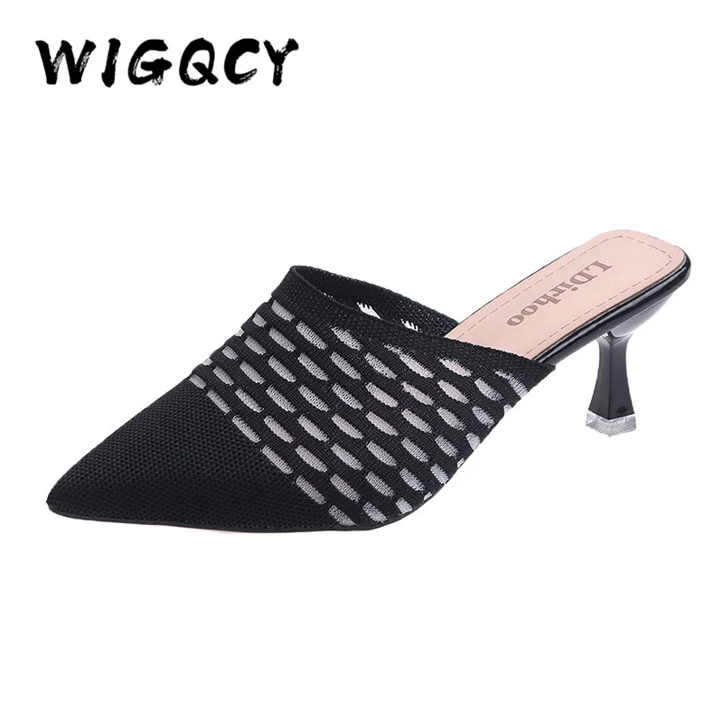 Туфли женские трикотажные заостренный носок высокий каблук шпилька лоферы