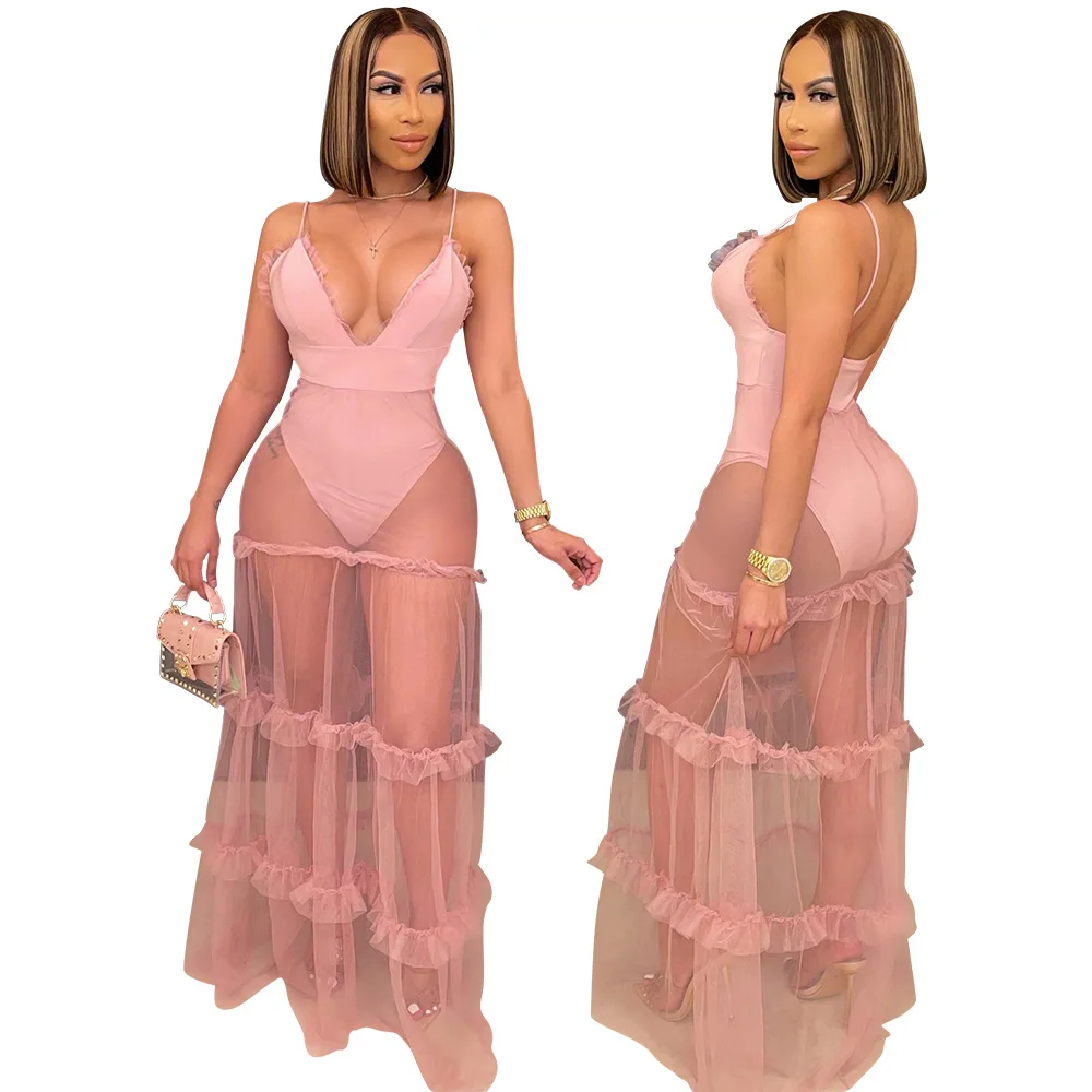 2021 Woman Dress Sexy Transparent Mesh Office Lady Slip