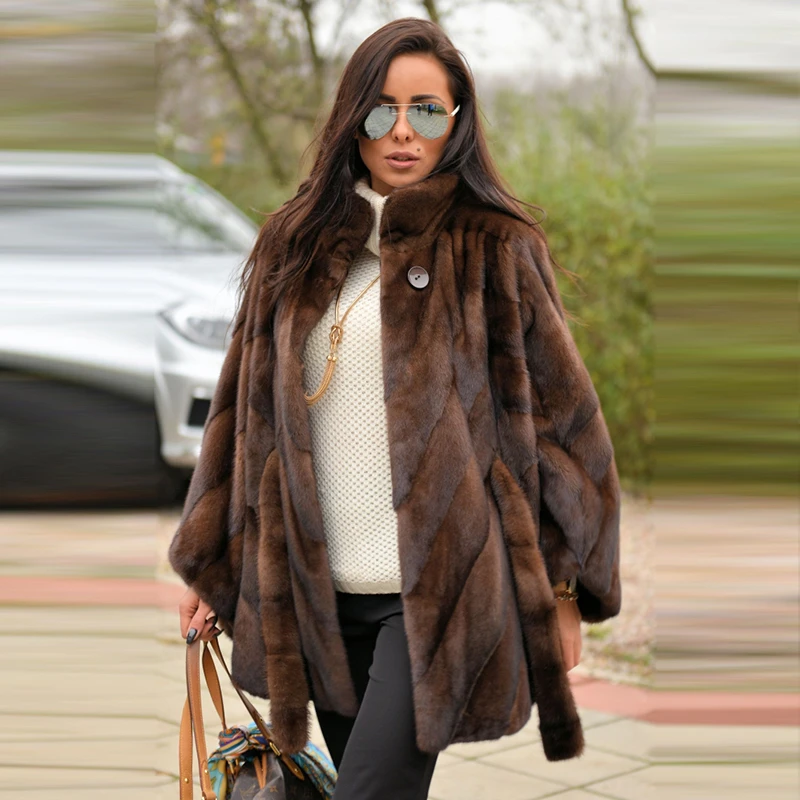 BFFUR Dark Coffee Real Mink Fur Coats Women 2022 New Genuine Mink Fur Jackets With Bat Sleeved Luxury Fur Overcoats Trendy 2022