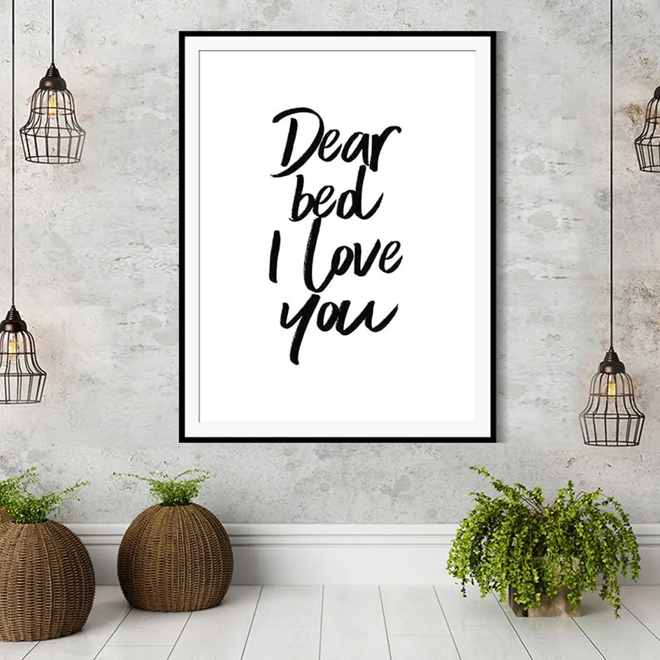 Дорогой кровать I Love You типографии Плакаты Настенный декор черно белым принтом