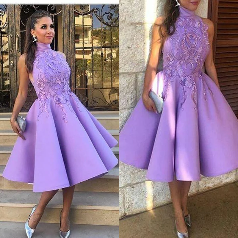 

Light Purple High Neck Homecoming Dresses 2022 Sleeveless Lace Satin Tea-Length Short Party Prom Gown Appliques Custom Mdae