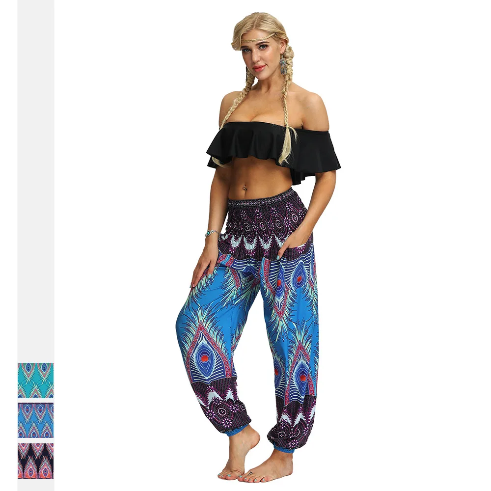 JIGERJOGER Tie die Peacock feather Smock шаровары женские брюки широкие шаровары плюс размер бегунов пляжные брюки