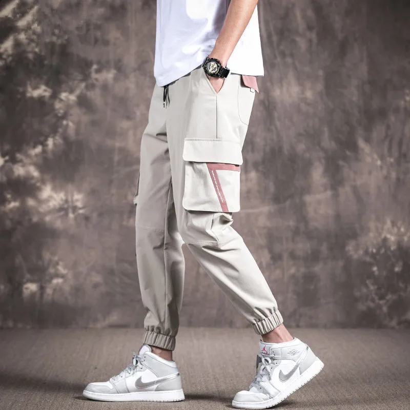 

wholesale 2021 spring autumn overalls hip hop patchwork elastic waist teenagers men loose straight beam foot brand pants