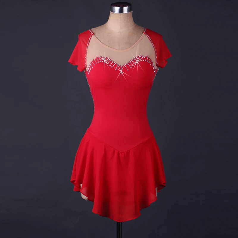 

New Ice Skating Dance Competition Dress Female Latin Dance Performance Clothes Short Sleeve Red Shiny Crystal Dresses DQL3314