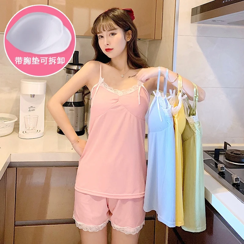 

2021 Summer Sexy Lace Lingerie Spaghetti Strap Pajama Sets for Women Shorts Sleepwear Suit Pyjamas Homewear Pijama Mujer Clothes