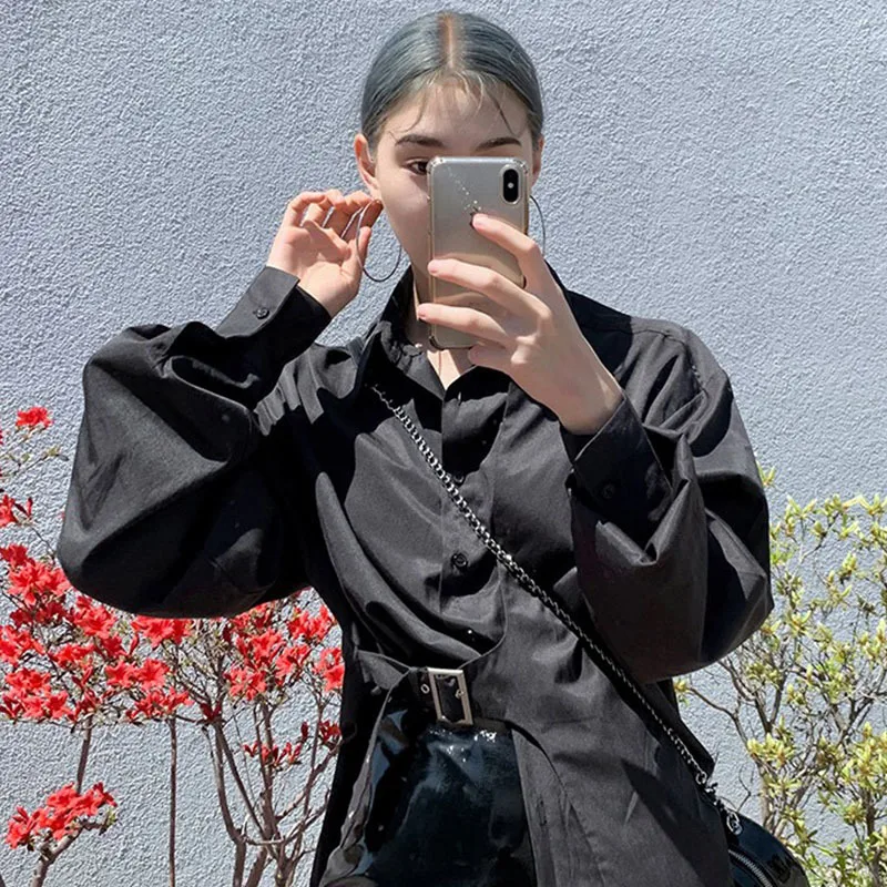 

Blusas Long-sleeved 2021 Spring Autumn New Simple Fashion Trend Ladies Blue Irregular Shirt Coat Plus Size Blouse Tops