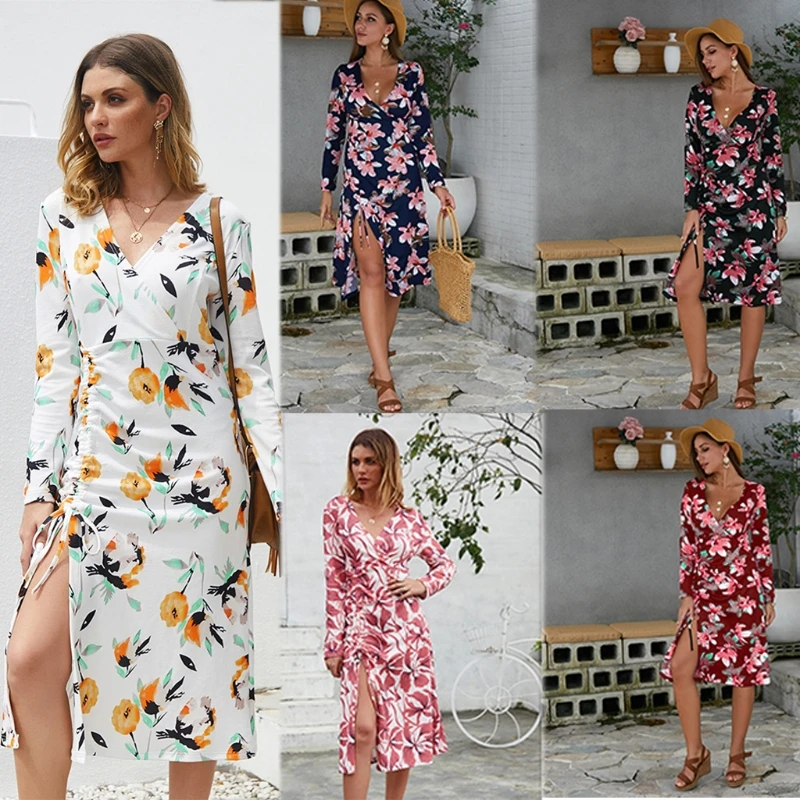 

Women Long Sleeve Sexy V Neck Dress Floral Printed High Slit Midi Dress Sundress