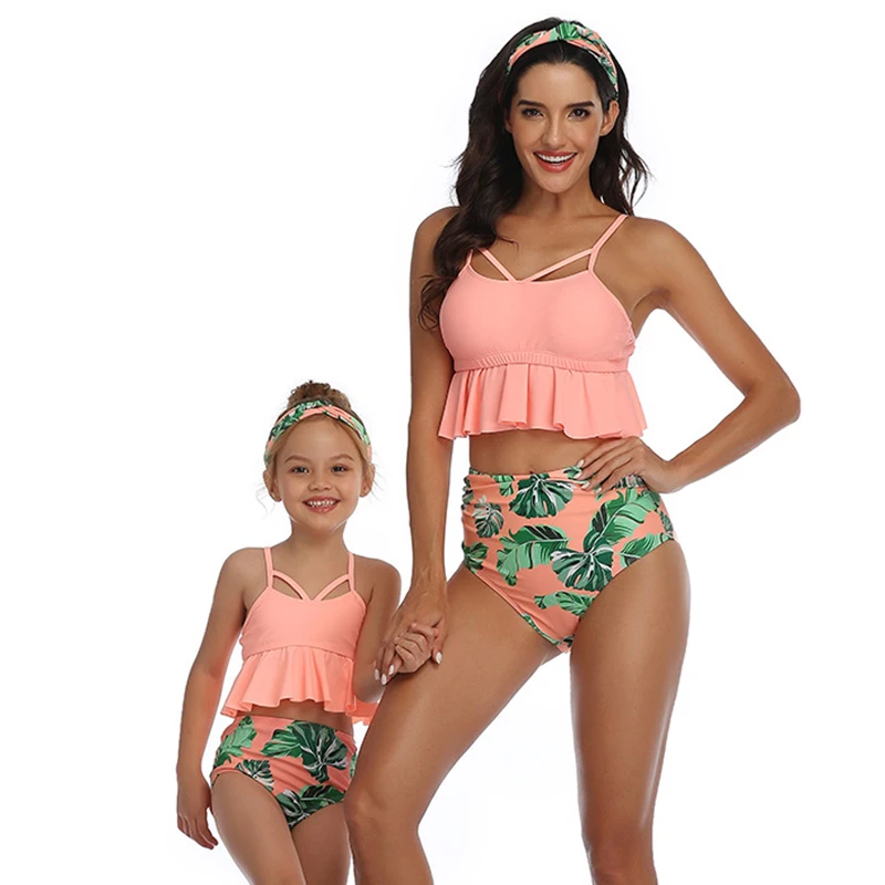 Женский купальник с оборками и принтом в виде листьев высокой талией Детский