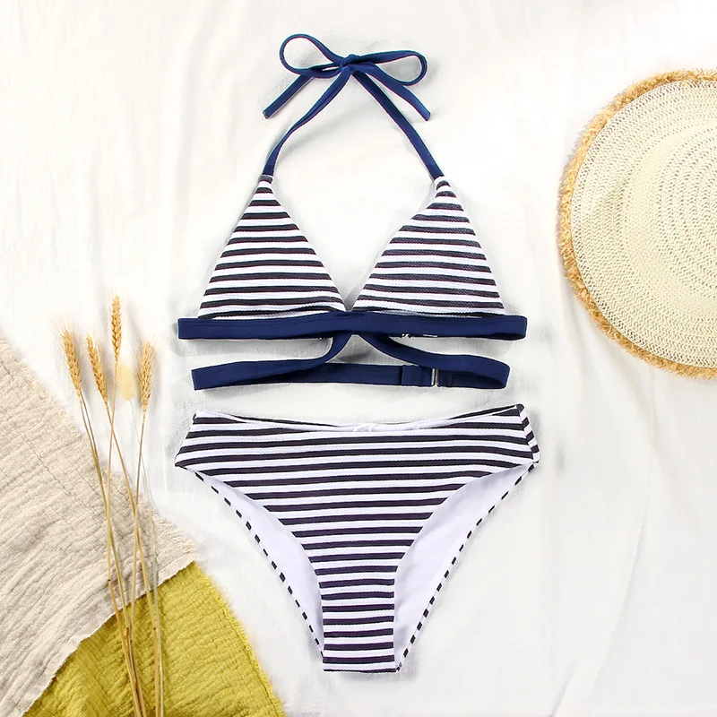 Купальник-бикини Rinabe женский в полоску купальный костюм с перекрестными лямками