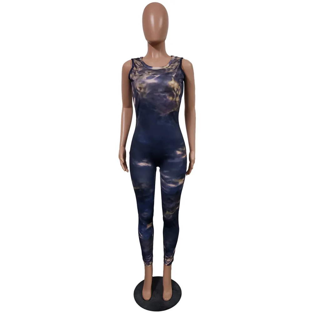 

Sexy Tie Dye Print Sleeveless Night Party Club Summer Skinny Jumpsuit Women Neck Outfit Playsuit Outfit Rompers
