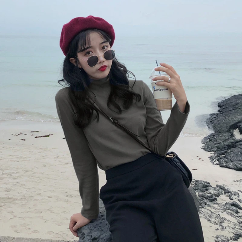 Tee Women Female Solid O-Neck Long Sleeve Leisure T-shirt for Lady Ins New Slim 8 Color Basic Spring Top Korean All-match | Женская