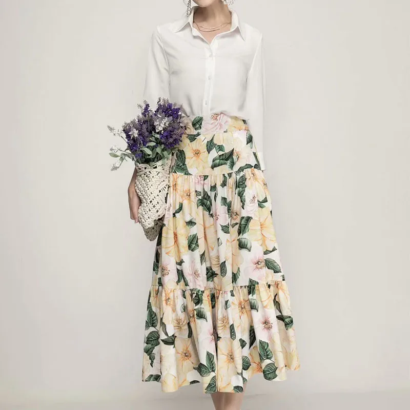 

Spring New Style Single-Breasted Temperament Long-Sleeved White Shirt Bohemian Print Temperament Big Swing Half Skirt Suit