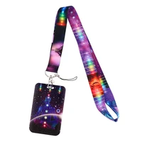 1pcs zf3384 creative colorful starry sky yoga lanyard id card holder bus card holder staff lanyard for keys phone diy hang rope
