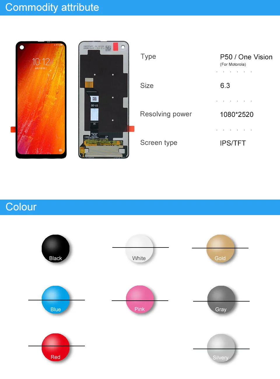 6,3 ''ЖК-дисплей, сенсорный экран, дигитайзер в сборе для Motorola для Moto One Vision xt70. Полный ЖК-дисплей для Moto P50