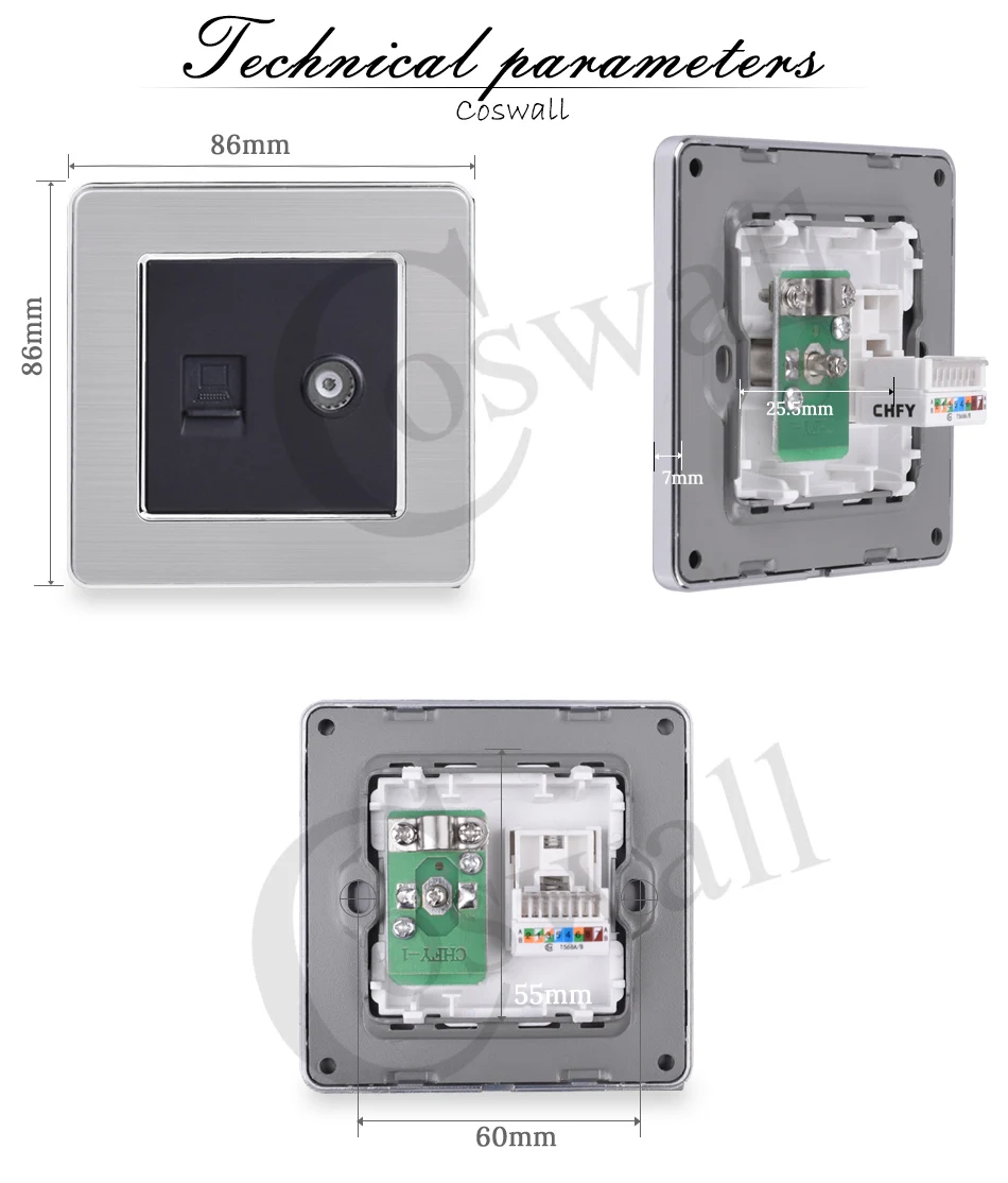 COSWALL RJ45 Интернет данных компьютерный разъем CAT5E разъем с женский ТВ выход нержавеющая сталь матовая панель настенная розетка