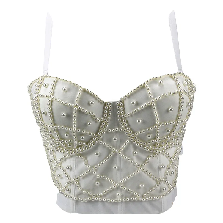 

New Sexy Rhinestones Pearls Women's Bra Christmas Bustier Diamonds Slim Fit Night Club Party Cropped Top Vest Plus Size