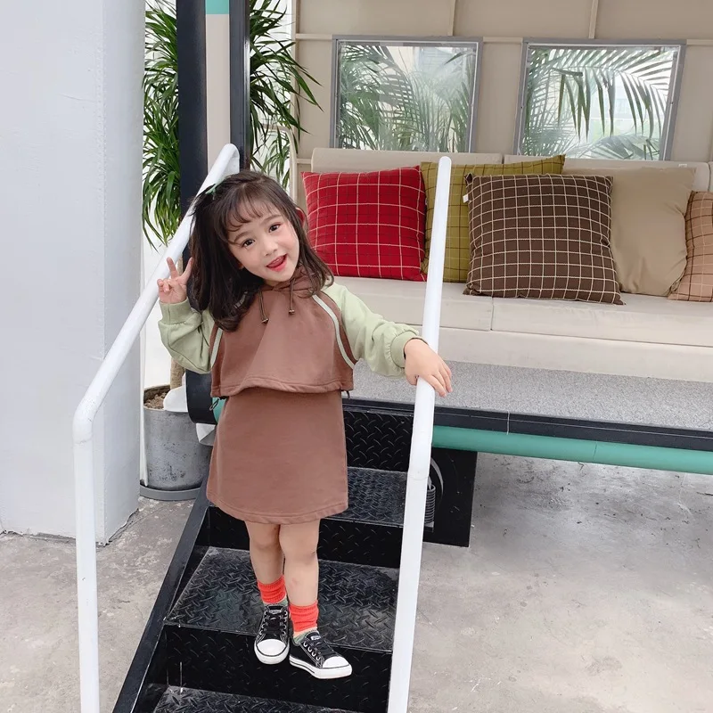 Осень 2019 новинка Топ с длинным рукавом и капюшоном для маленьких девочек + платье